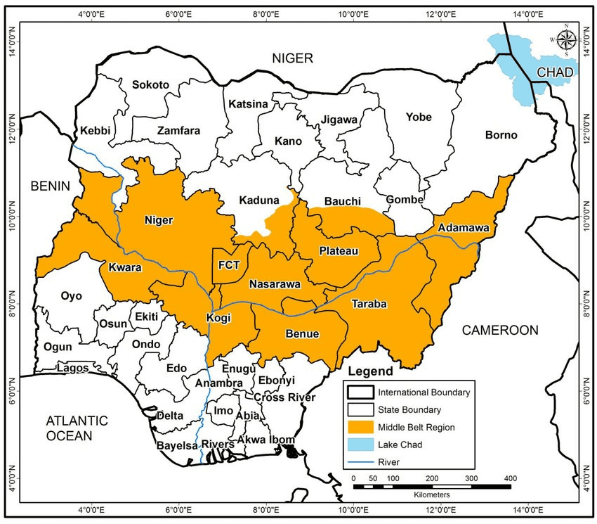 Map of Nigeria’s Middle Belt.  Benue State is on the southern edge of the region at right. Courtesy of Research Gate.