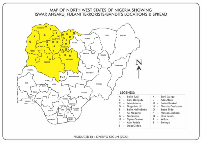 Map shows the states in Northwest Nigeria where insurgencies have established bases during the last 8 years. Map created by Onibiyo Segun for TruthNigera. Permission required for reprint.