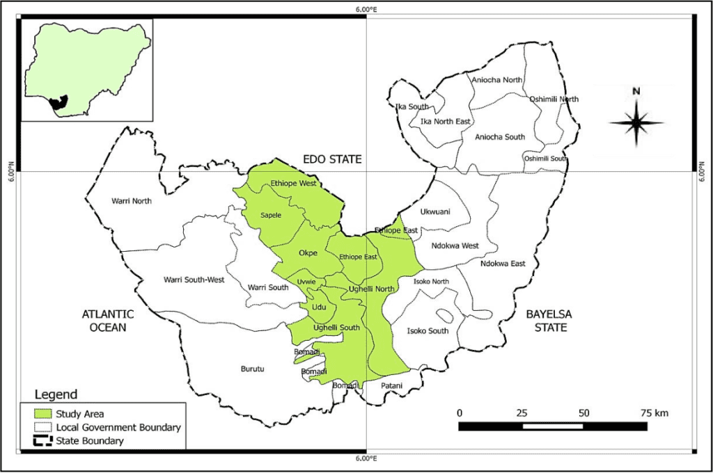Map of Delta state showing Ughelli south LGA . Courtesy of D. Ejemeyovwi, Geographic information system assessment of the accessibility of public and private hospitals in delta state: A study of delta central senatorial district; ResearchGate