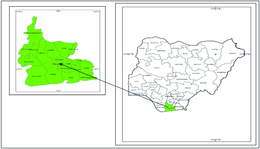 Map of Nigeria showing Rivers State and Port Harcourt local government area. Source: Geomatics Department, SPDC, Port Harcourt. CREDITS - Christopher Ledor Deeyah, Eke Stanley N and Chinwennwo Ohochuku. Via ResearchGate