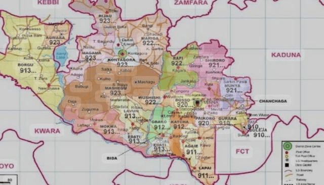 Map illustrating counties of Niger State. Rafi County is on the right side, bordering Kaduna State. From Wikimedia commons.