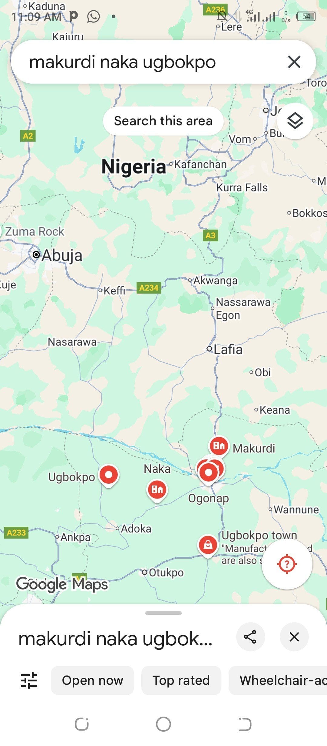 Map showing location of Abuja, Makurdi, Gwer-West and Apa Credit: Google map