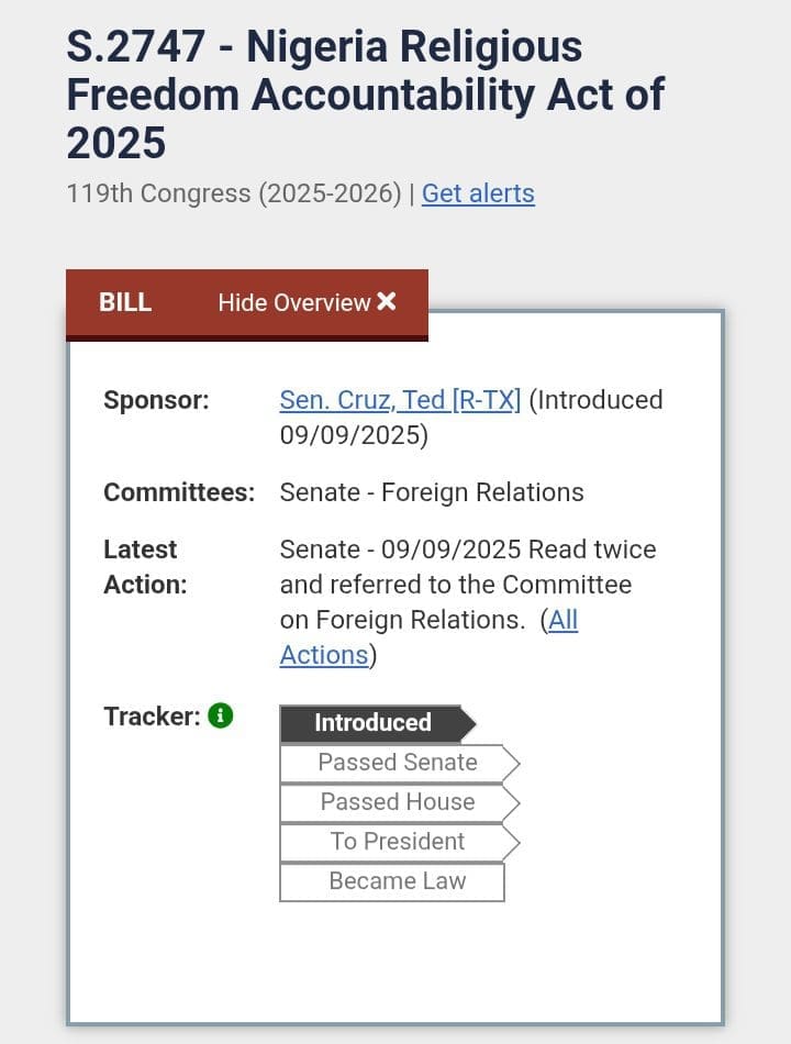 Tracker showing the legislative stage of the Nigeria Religious Freedom Accountability Act of 2025.
Photo credit: www.congress.gov.