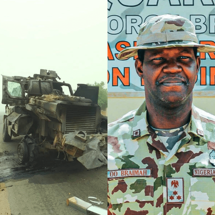 Brigadier-General O.O Braimah reportedly killed and a military vehicle destroyed by jihadists in Borno. Photo credit: X/@ZagazOlaMakama.