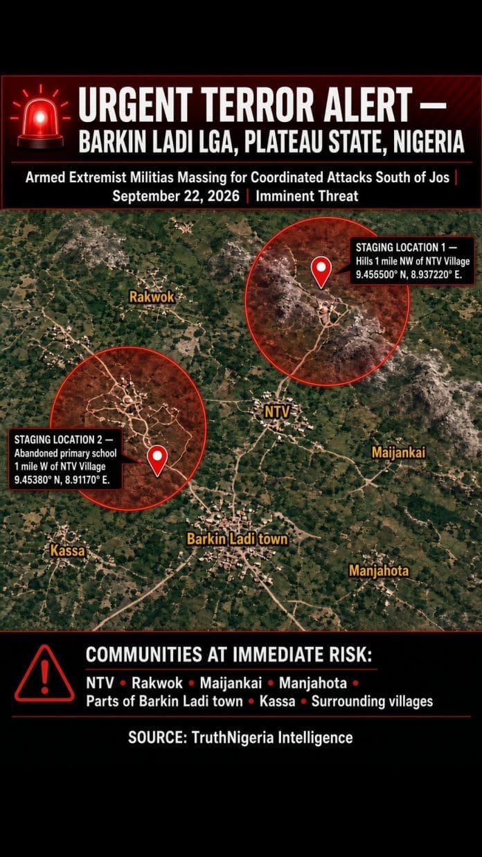Urgent terror alert graphic for Barkin Ladi LGA, Plateau State, Nigeria, dated September 22, 2026. Satellite-style map of rural hills and villages south of Jos with two red targeting circles marking militia staging sites: hills 1 mile northwest of NTV village at 9.456500° N, 8.937220° E, and an abandoned primary school 1 mile west of NTV at 9.45380° N, 8.91170° E. Village labels include NTV, Rakwok, Maijankai, Manjahota, Kassa and Barkin Ladi town. Bottom text lists communities at immediate risk. Source: TruthNigeria Intelligence.