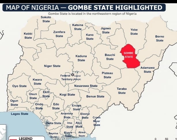 Map of Nigeria , showing Gombe State in red
Credit Mike Odeh James 
