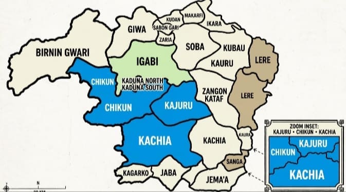 Map of Kaduna State showing Counties where kidnapping and sexual violence is rampant Credit Mike Odeh James