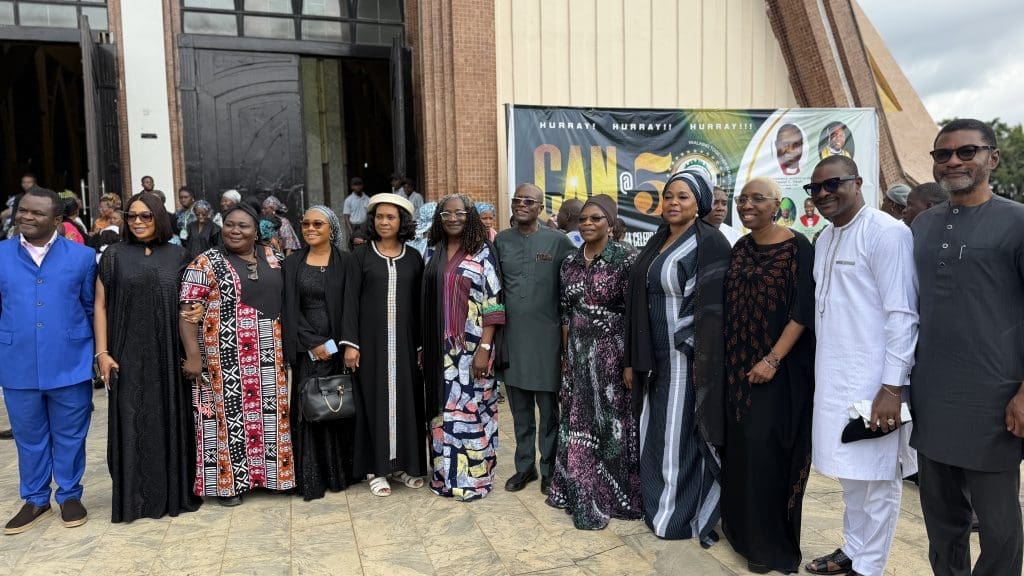 Former World Bank executive Obi Ezekwesili [5th from right) and husband pose alongside other church leaders during a two-day prayer service in Abuja October 2-3rd. Photo by Masara Kim/TruthNigeria.
