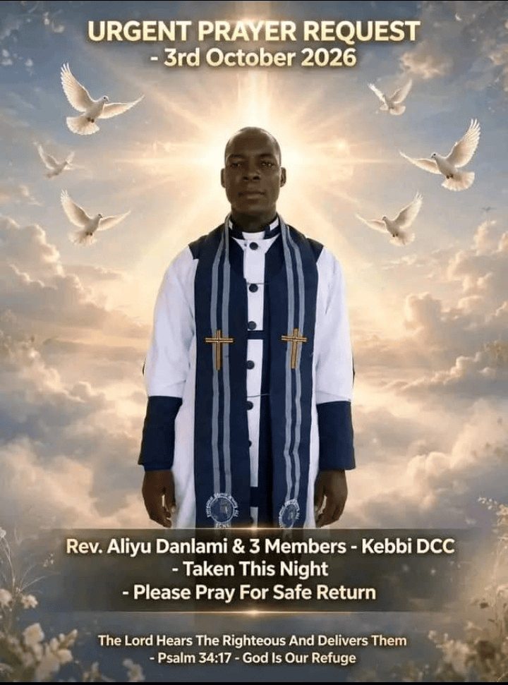 Pastor Aliyu Danlami, a missionary pastor kidnapped along with three church members by Islamist Fulani jihadists at about 6:30 p.m. on Saturday, Oct. 3, 2026, in Ulli village, Ngaski County, Kebbi State. They were returning from a neighboring village where they had gone to pay the bride price for a Christian marriage rite. Credit: Kebbi District Church Council WhatsApp group platform calling for prayer.
